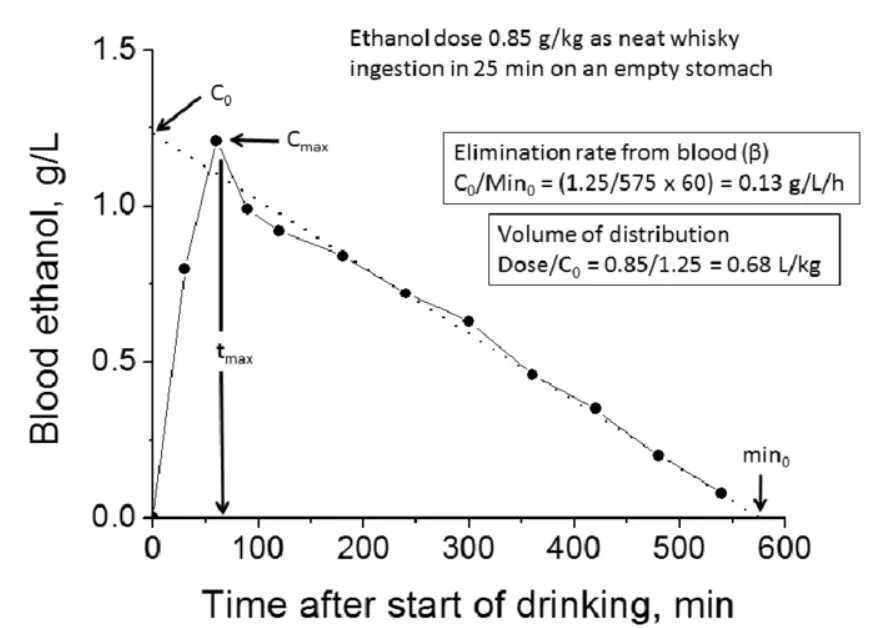 Widmark Formula Curve showing BAC absorption and elimination phases over time